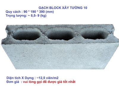 Gạch block xây tường 100 kích thước 90 x 190 x 390